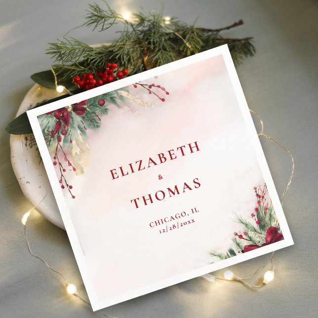 Winter Christmas Red Berries Watercolor Greenery Napkin (winter christmas wedding bridal shower napkin greenery botanical berries red green gold watercolor)