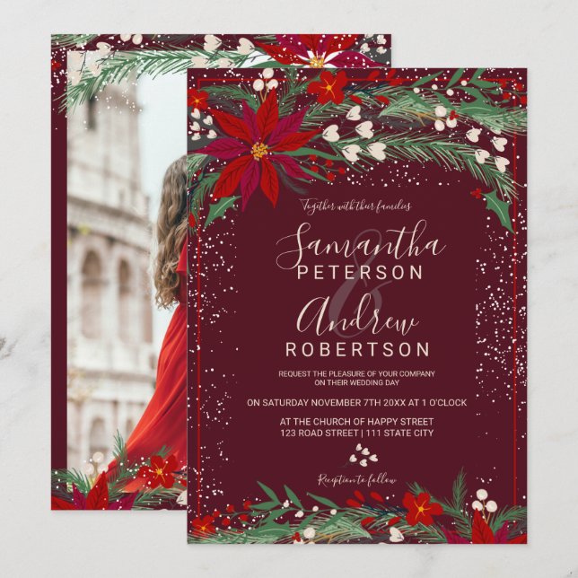 Winter Christmas red floral snow photo wedding Invitation (Front/Back)