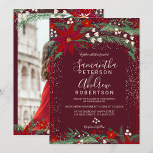 Winter Christmas red floral snow photo wedding Invitation