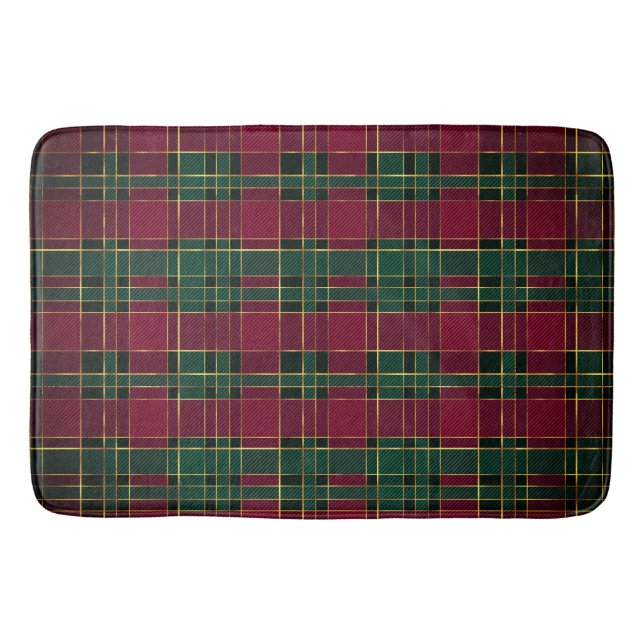 Winter Christmas Red & Green Tartan & Gold Foil Bath Mat (Front)