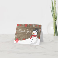 Winter Christmas Red Snowman Burlap Thank You Card