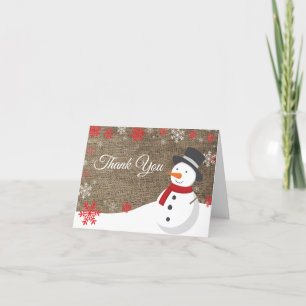 Winter Christmas Red Snowman Burlap Thank You Card