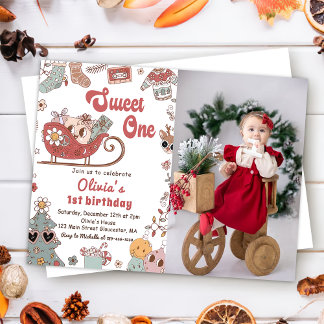 Winter Christmas Retro Sweet One 1st Birthday  Invitation