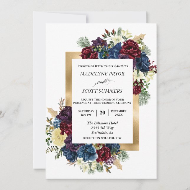 Winter Christmas Rose Floral Wedding Watercolor In Invitation (Front)
