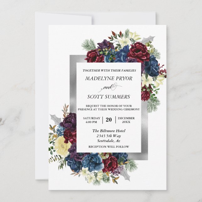 Winter Christmas Rose Floral Wedding Watercolor Invitation (Front)