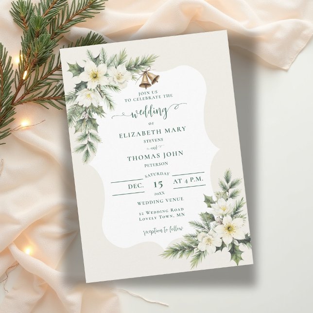 Winter Christmas Roses Greenery Elegant Wedding Invitation (winter wedding invitation christmas roses bells elegant rustic frame muted green botanical chic)