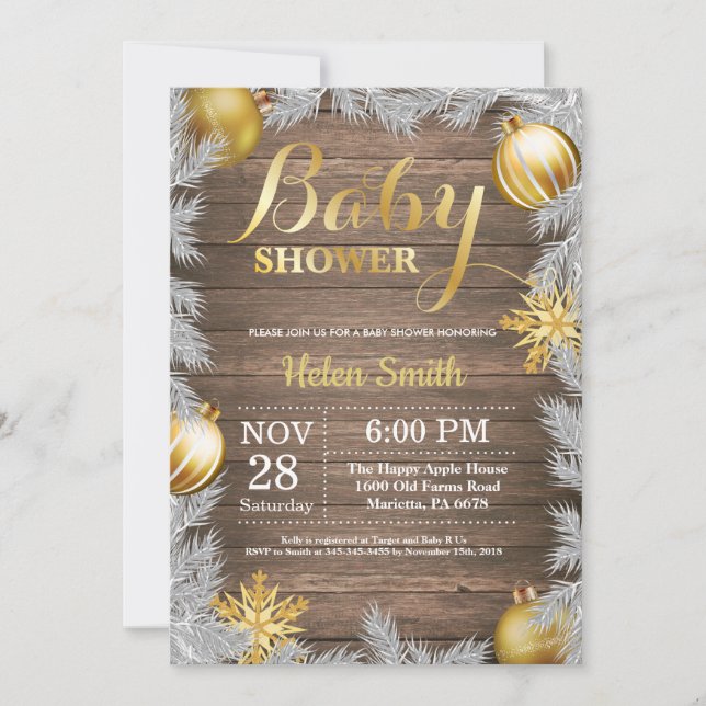 Winter Christmas Rustic Gold Baby Shower Invitation (Front)