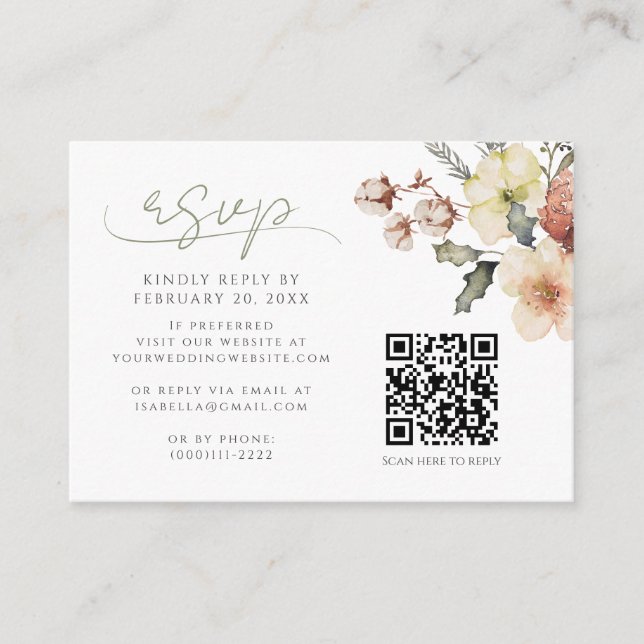 Winter Christmas Sage Green QR Code Wedding RSVP Enclosure Card (Front)