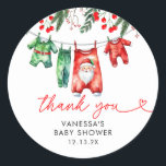 Winter Christmas Santa Baby Shower Thank You Classic Round Sticker<br><div class="desc">Add a festive touch to your thank-you notes or party favours with our Winter Christmas Santa Baby Shower Classic Round Sticker. Featuring a joyful Santa Claus design surrounded by wintery elements like snowflakes and greenery, these stickers are perfect for sealing envelopes, decorating gift bags, or adding a personal touch to...</div>