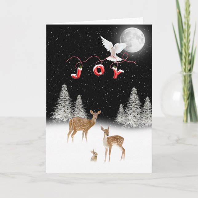 Winter Christmas scene with JOY and dove Holiday Card (Front)