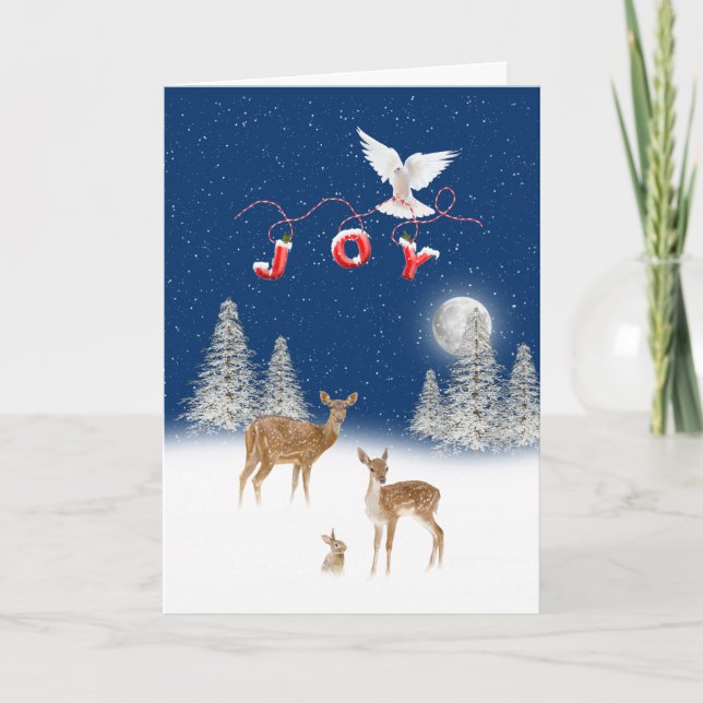 Winter Christmas Scene With JOY Dove Holiday Card (Front)