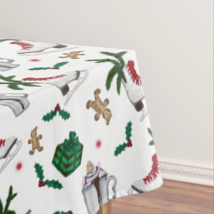 Winter Christmas Season Skating Pine Boughs Holly Tablecloth