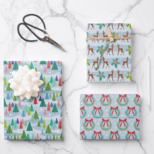 Winter Christmas Set of 3 Retro Inspired Patterns Wrapping Paper Sheet
