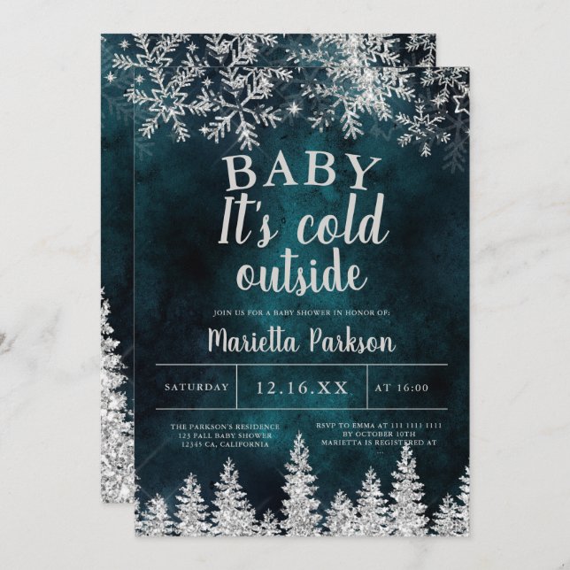 Winter Christmas silver snow pine baby shower Invitation (Front/Back)