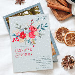 Winter Christmas snow red floral photo wedding Invitation<br><div class="desc">A winter and Christmas floral red burgundy,  dusty blue,  navy blue on ice blue with white snowflakes wedding invitation with pretty flowers in a floral watercolor wreath with a modern font,  add your initials or monogram and photo.</div>