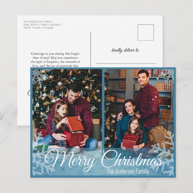 Winter Christmas Snowflakes Blue Frame 2 Photo Holiday Postcard (Front/Back)