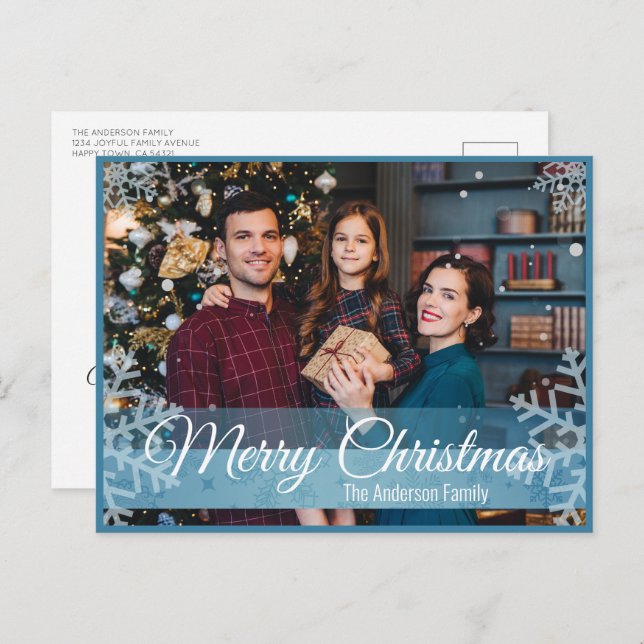 Winter Christmas Snowflakes Blue Frame Photo Holiday Postcard (Front/Back)