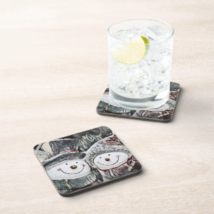 Winter, Christmas Snowman and Snow woman drawing Coaster