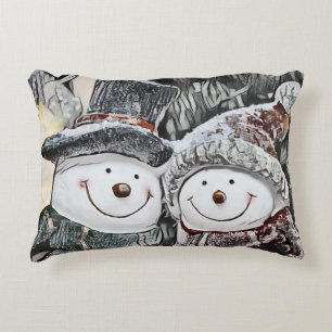 Winter, Christmas Snowman and Snow woman drawing Decorative Cushion