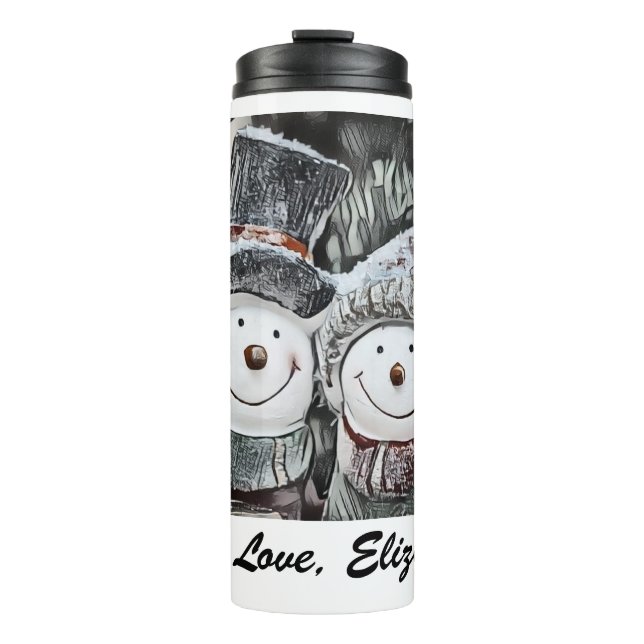Winter, Christmas Snowman and Snow woman drawing Thermal Tumbler (Front)