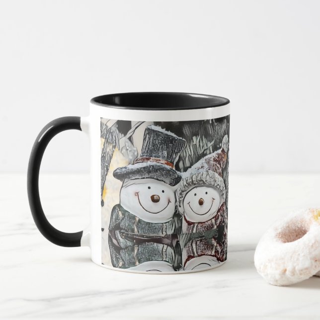 Winter, Christmas Snowman and Snow woman Mug (With Donut)