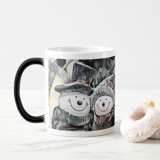 Winter, Christmas Snowman and Snow woman Mug (With Donut)