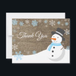 Winter Christmas Snowman Blue Thank You Card<br><div class="desc">Rustic Winter Christmas Snowman Snowflake Blue Thank You Card. Blue Polar Bear. Burlap Background. Country Vintage Retro Barn. Blue Snowflake. Love and Thanks, beautiful script font. Add your message on back or leave blank and hand write. For further customisation, please click the "Customise it" button and use our design tool...</div>