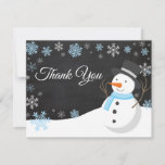 Winter Christmas Snowman Blue Thank You Card<br><div class="desc">Winter Christmas Snowman Snowflake Blue Thank You Card. Blue Snowman. Chalkboard Background. Black and White. Blue Snowflake. Love and Thanks, beautiful script font. Add your message on back or leave blank and hand write. For further customisation, please click the "Customise it" button and use our design tool to modify this...</div>