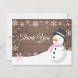 Winter Christmas Snowman Pink Thank You Card<br><div class="desc">Rustic Christmas Snowman Snowflake Pink Thank You Card. Pink Snowman. Rustic Wood Background. Country Vintage Retro Barn. Pink Snowflake. Love and Thanks, beautiful script font. Add your message on back or leave blank and hand write. For further customisation, please click the "Customise it" button and use our design tool to...</div>