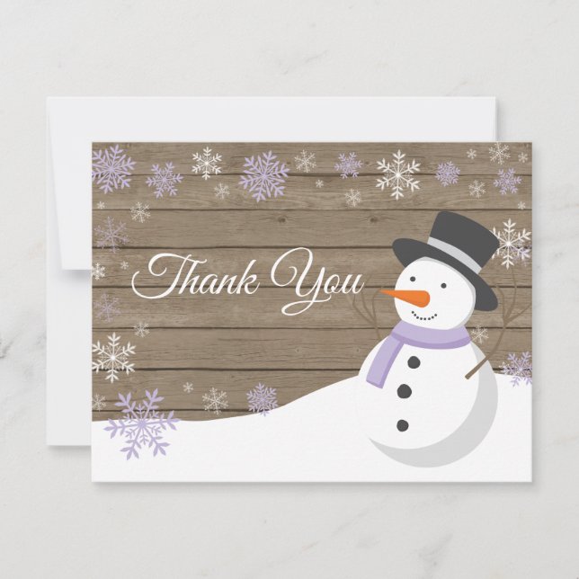 Winter Christmas Snowman Purple Thank You Card (Front)