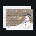 Winter Christmas Snowman Purple Thank You Card<br><div class="desc">Rustic Winter Christmas Snowman Snowflake Purple Thank You Card. Purple Snowman. Rustic Wood Background. Country Vintage Retro Barn. Purple Snowflake. Love and Thanks, beautiful script font. Add your message on back or leave blank and hand write. For further customisation, please click the "Customise it" button and use our design tool...</div>