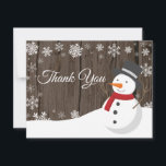 Winter Christmas Snowman Snowflake Thank You Card<br><div class="desc">Rustic Winter Christmas Snowman Snowflake Thank You Card. Snowman. Rustic Wood Background. Country Vintage Retro Barn. White Snowflake. Love and Thanks, beautiful script font. Add your message on back or leave blank and hand write. For further customisation, please click the "Customise it" button and use our design tool to modify...</div>