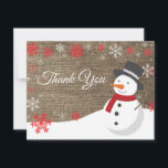 Winter Christmas Snowman Thank You Card<br><div class="desc">Winter Christmas Snowman Snowflake Red Thank You Card. Snowman. Burlap Background. Country Vintage Retro Barn. Red Snowflake. Love and Thanks, beautiful script font. Add your message on back or leave blank and hand write. For further customisation, please click the "Customise it" button and use our design tool to modify this...</div>
