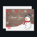 Winter Christmas Snowman Thank You Card<br><div class="desc">Rustic Winter Christmas Snowman Snowflake Red Thank You Card. Snowman. Rustic Wood Background. Country Vintage Retro Barn. Red Snowflake. Love and Thanks, beautiful script font. Add your message on back or leave blank and hand write. For further customisation, please click the "Customise it" button and use our design tool to...</div>