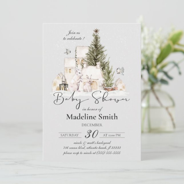 Winter Christmas Tree Baby Shower Invitation (Standing Front)