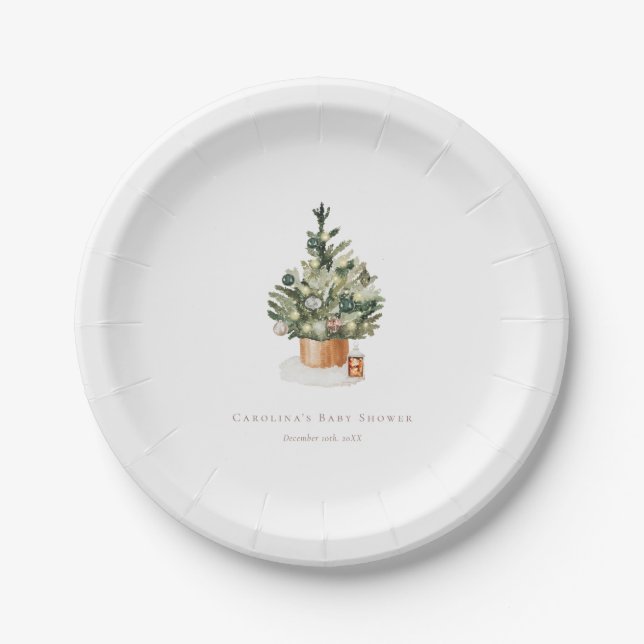 Winter Christmas Tree Baby Shower Paper Plate (Front)