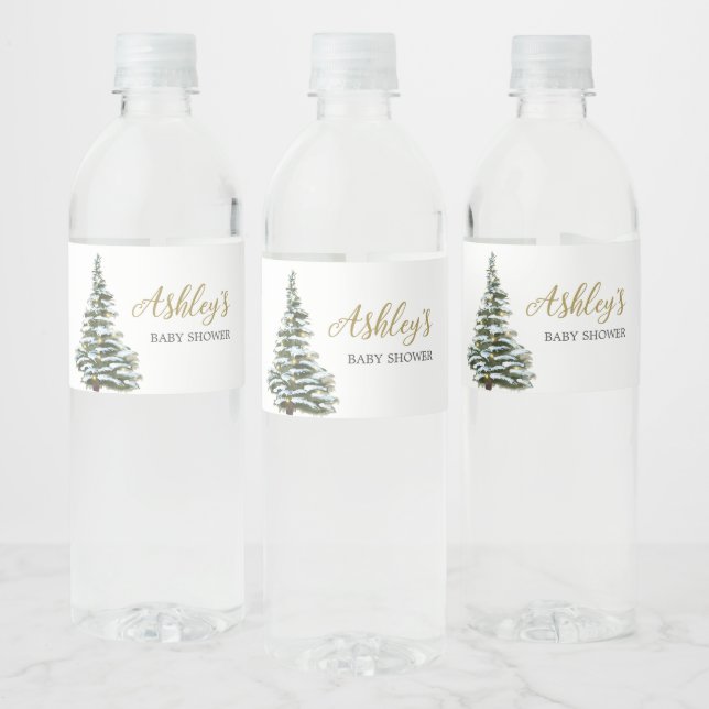 Winter Christmas Tree Baby Shower  Water Bottle Label (Bottles)