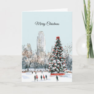 Winter Christmas Tree City Ice Skaters Buildings Card