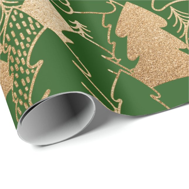 Winter Christmas Tree Green Gold Glitter Wood Wrapping Paper (Roll Corner)
