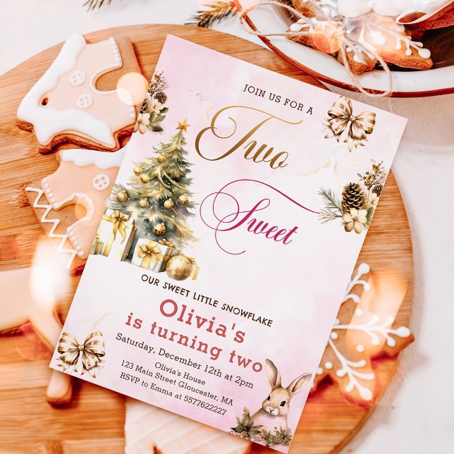 Winter Christmas Tree Pink Two Sweet 2nd Birthday  Invitation (Creator Uploaded)