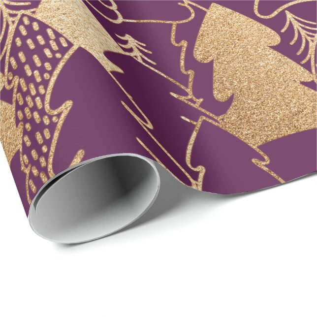 Winter Christmas Tree Purple  Gold Glitter Wood Wrapping Paper (Roll Corner)