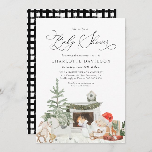 Winter Christmas Tree Rustic Plaid Baby Shower Invitation (Front/Back)