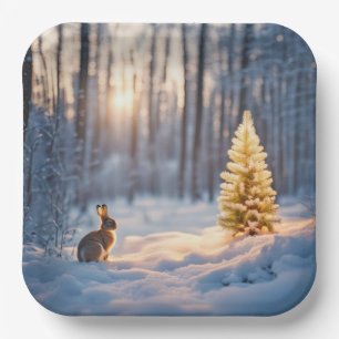 Winter Christmas Tree With Bunny Paper Plate