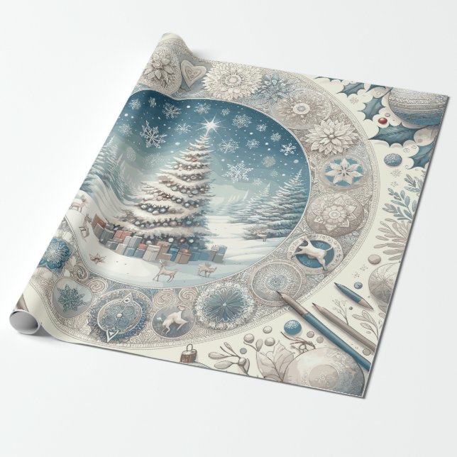 Winter Christmas Tree Wrapping Paper (Unrolled)