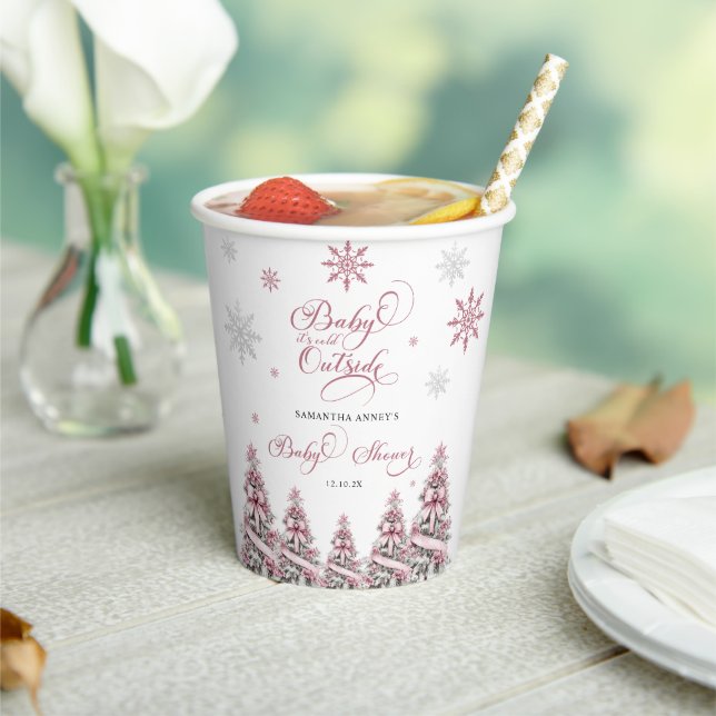 Winter Christmas Trees Snowflakes Pink Baby Shower Paper Cups (Insitu)