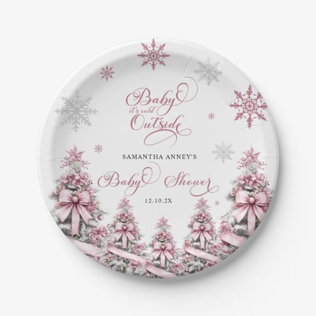 Winter Christmas Trees Snowflakes Pink Baby Shower Paper Plate (Front)