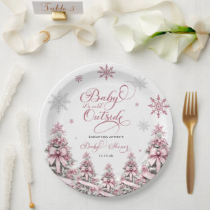 Winter Christmas Trees Snowflakes Pink Baby Shower Paper Plate