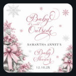 Winter Christmas Trees Snowflakes Pink Baby Shower Square Sticker<br><div class="desc">Add a festive finishing touch to your party favours or decorations with the Winter Christmas Trees Snowflakes Pink Baby Shower Square Sticker. Featuring a charming pink background adorned with elegant Christmas trees and whimsical snowflakes, this sticker embodies the spirit of a cosy winter celebration. Perfect for sealing gift bags, labelling...</div>