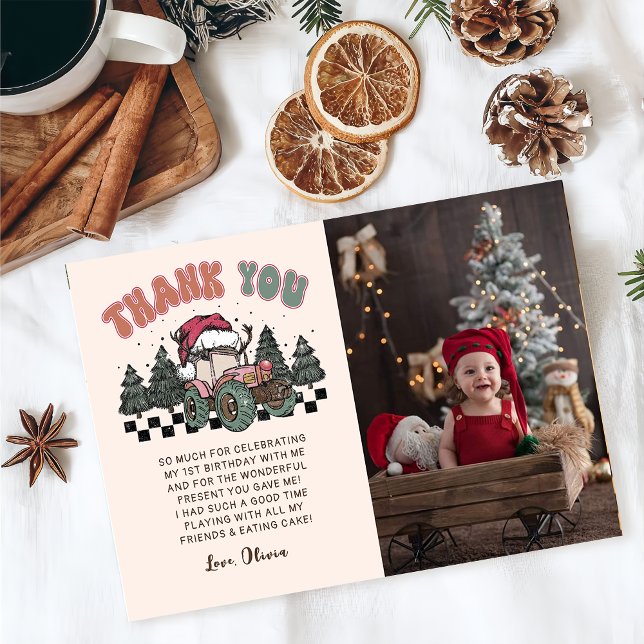 Winter Christmas Truck Birthday Party Photo Thank You Card (Creator Uploaded)