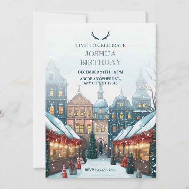 Winter christmas village birthday invitation (Front)